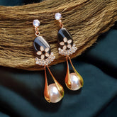 Midnight Bloom Pearl Drop Earrings – Elegant Black & Gold with Crystal & Pearl Detail